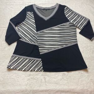 Lior Paris Black and White Striped Color Block V Neck Patchwork Top Size Large